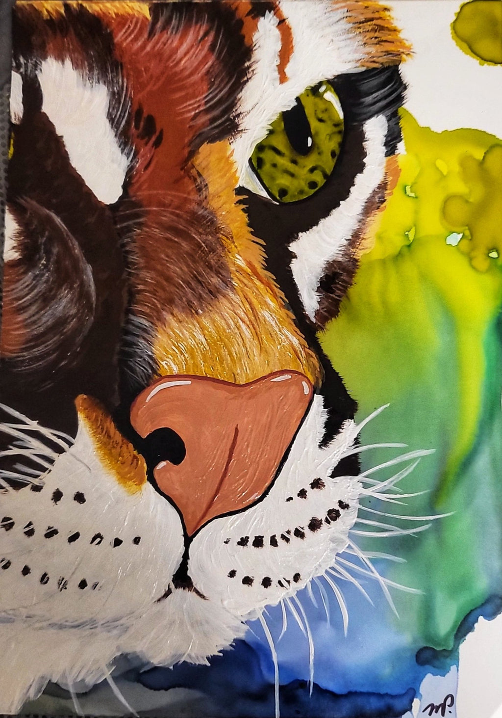 Patience - Original Acrylic Ocelot Painting on Alcohol Ink Background 12x15" Framed - Michelle Pashko Art
