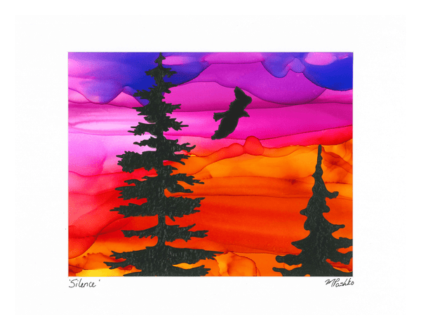 Silence - Original Acrylic and Alcohol Ink Sunset Painting 12x15" Framed - Michelle Pashko Art