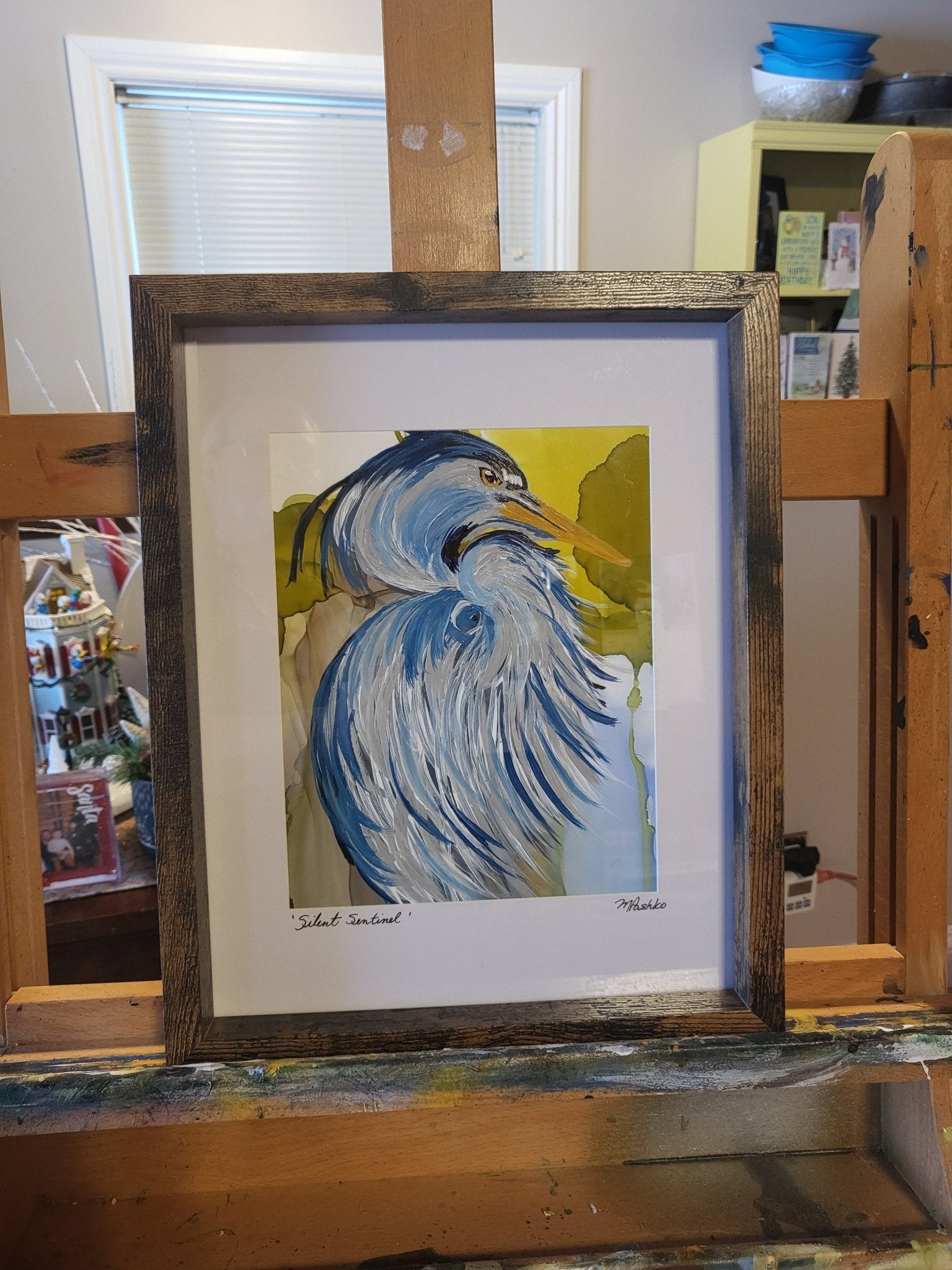 Silent Sentinel - Original Acrylic and Alcohol Ink Abstract Heron 12x15" Framed - Michelle Pashko Art