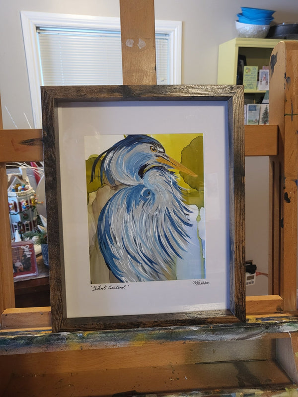 Silent Sentinel - Original Acrylic and Alcohol Ink Abstract Heron 12x15" Framed - Michelle Pashko Art