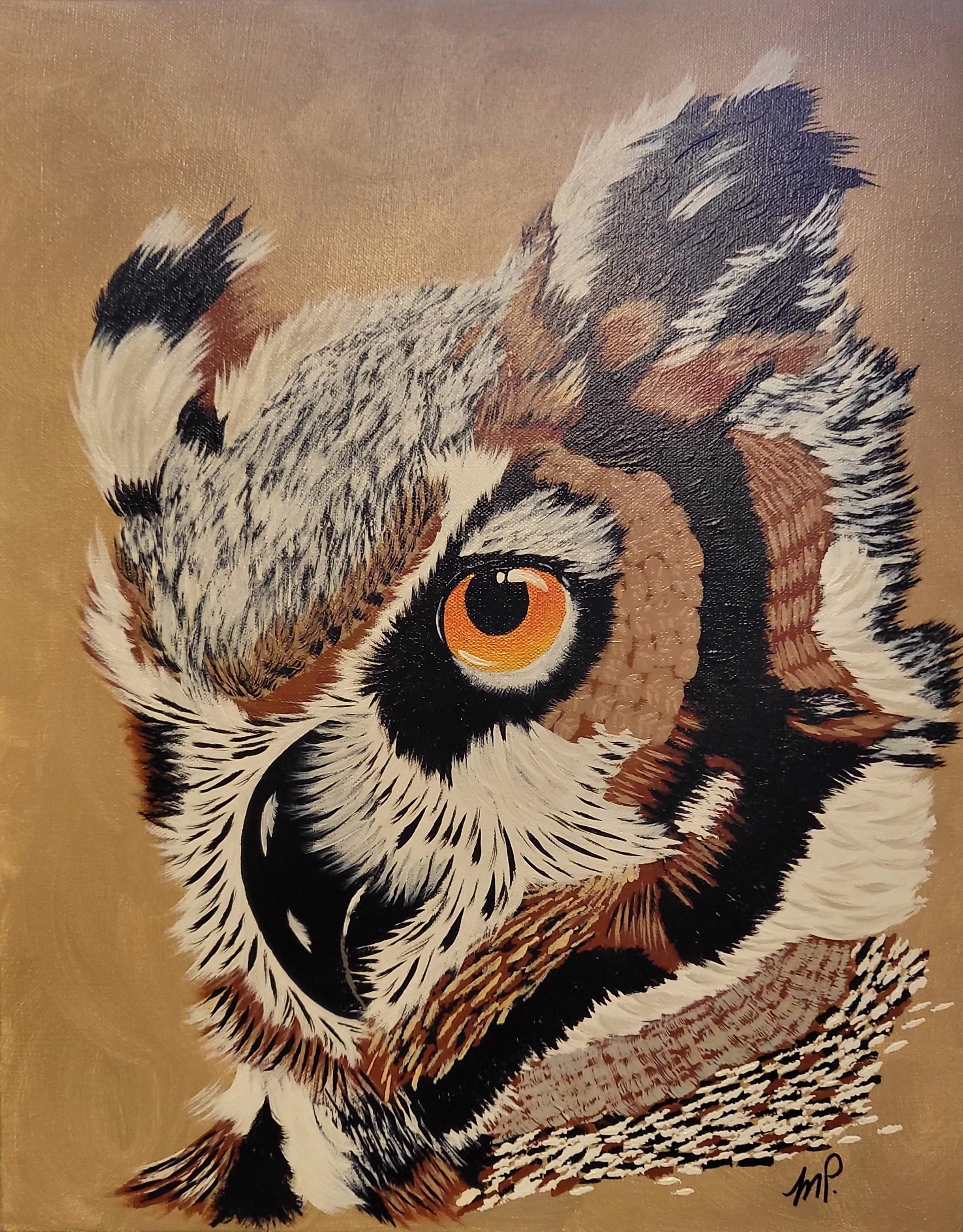 Original Abstract Acrylic Painting Great Horned Owl - 16x20" - "Insight" on Gallery Wrapped Canvas