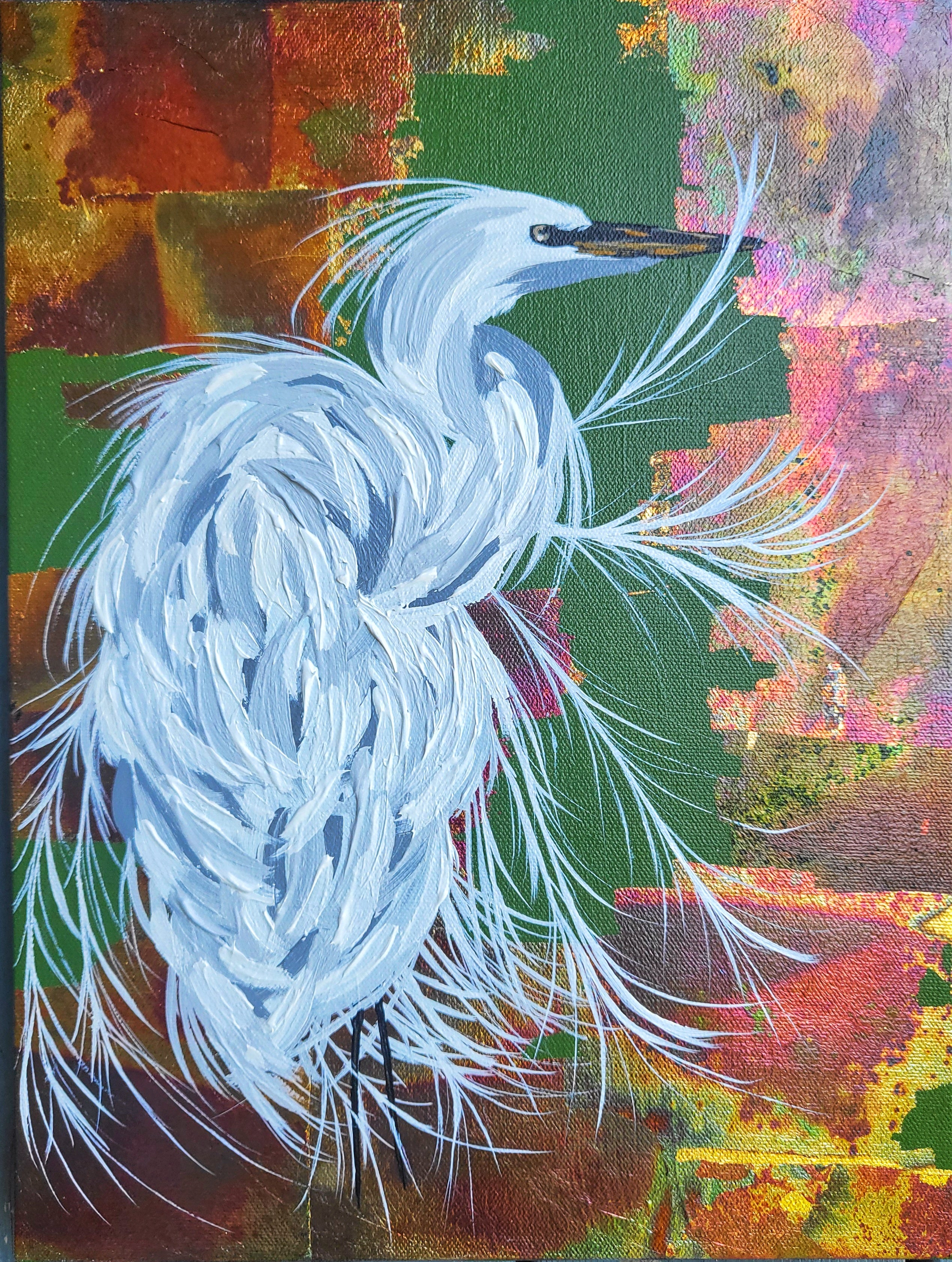 Original Snowy Egret Acrylic Painting with multicolored gold leaf background.