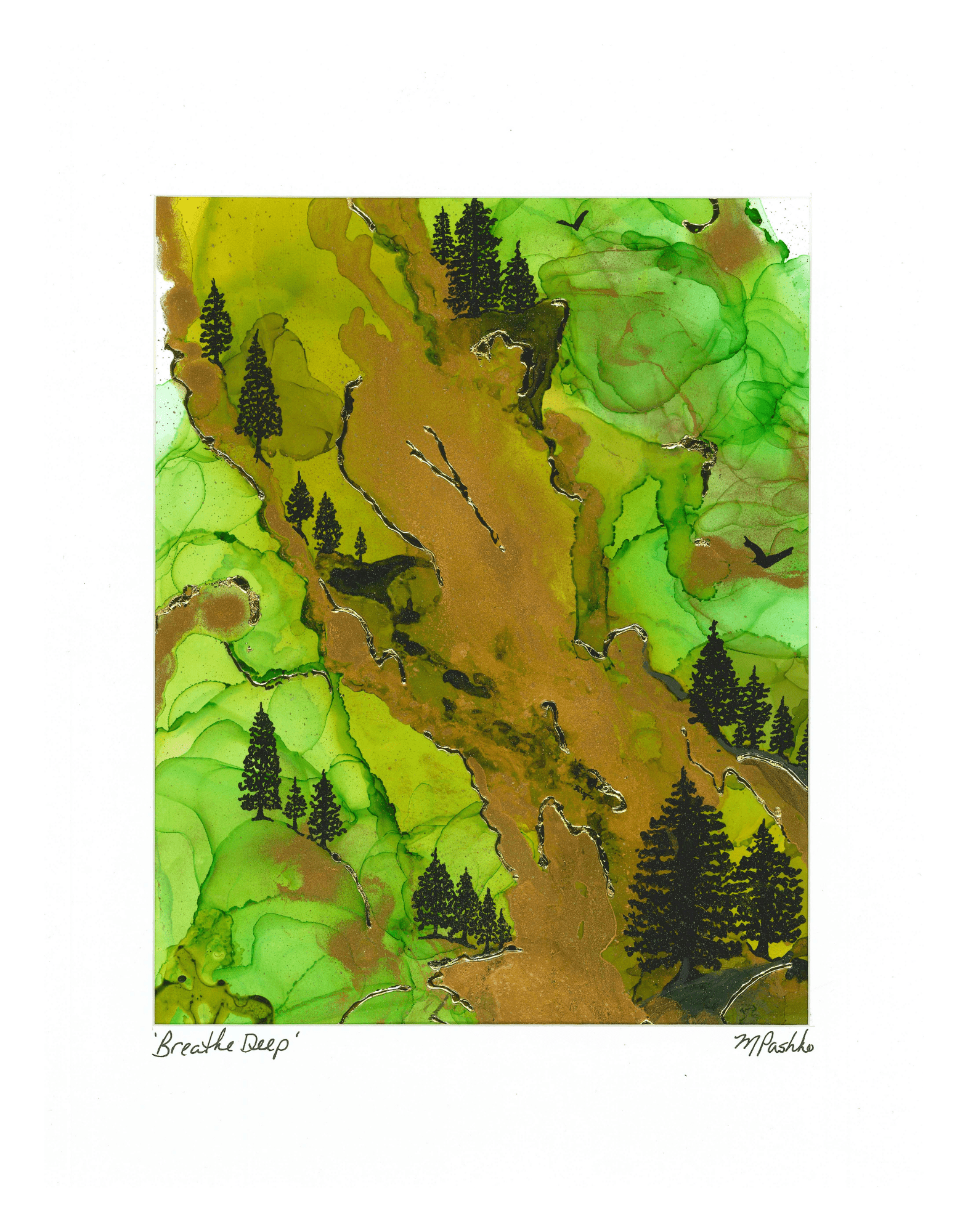 Breathe Deep - Original Acrylic, Gold Gilding, and Alcohol Ink Mountainside Painting 12x15" Framed - Michelle Pashko Art