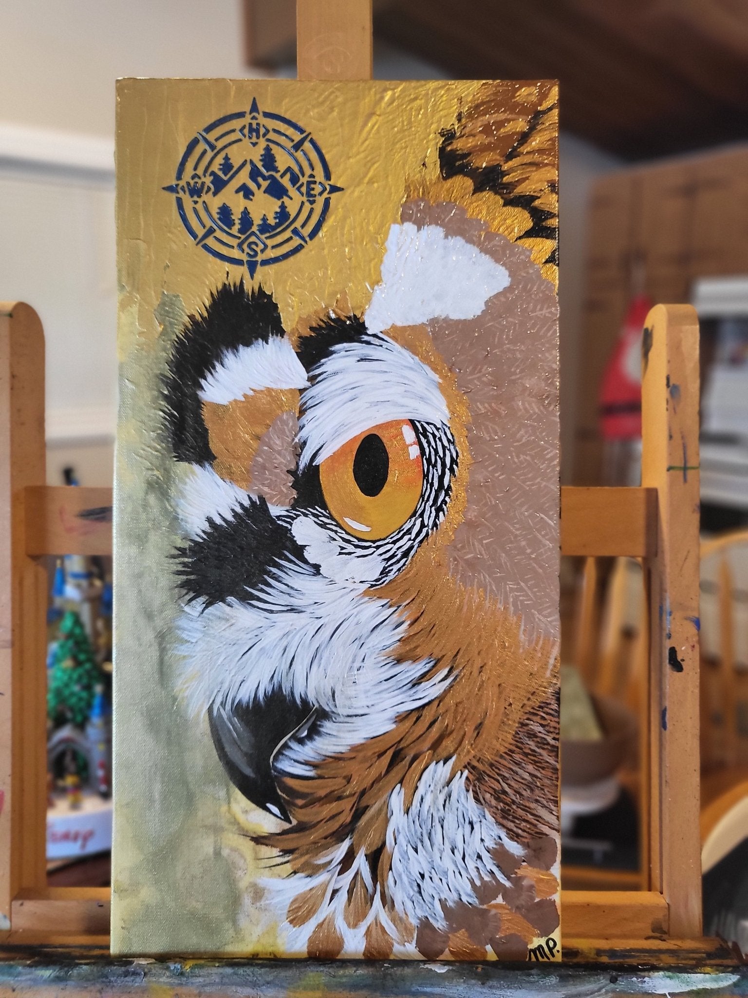 "Judge" Owl 12 x 24" Golden Owl Original, Gold Accents and Compass "Judge" - Michelle Pashko Art