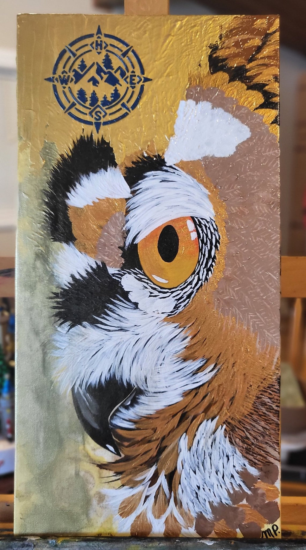 "Judge" Owl 12 x 24" Golden Owl Original, Gold Accents and Compass "Judge" - Michelle Pashko Art