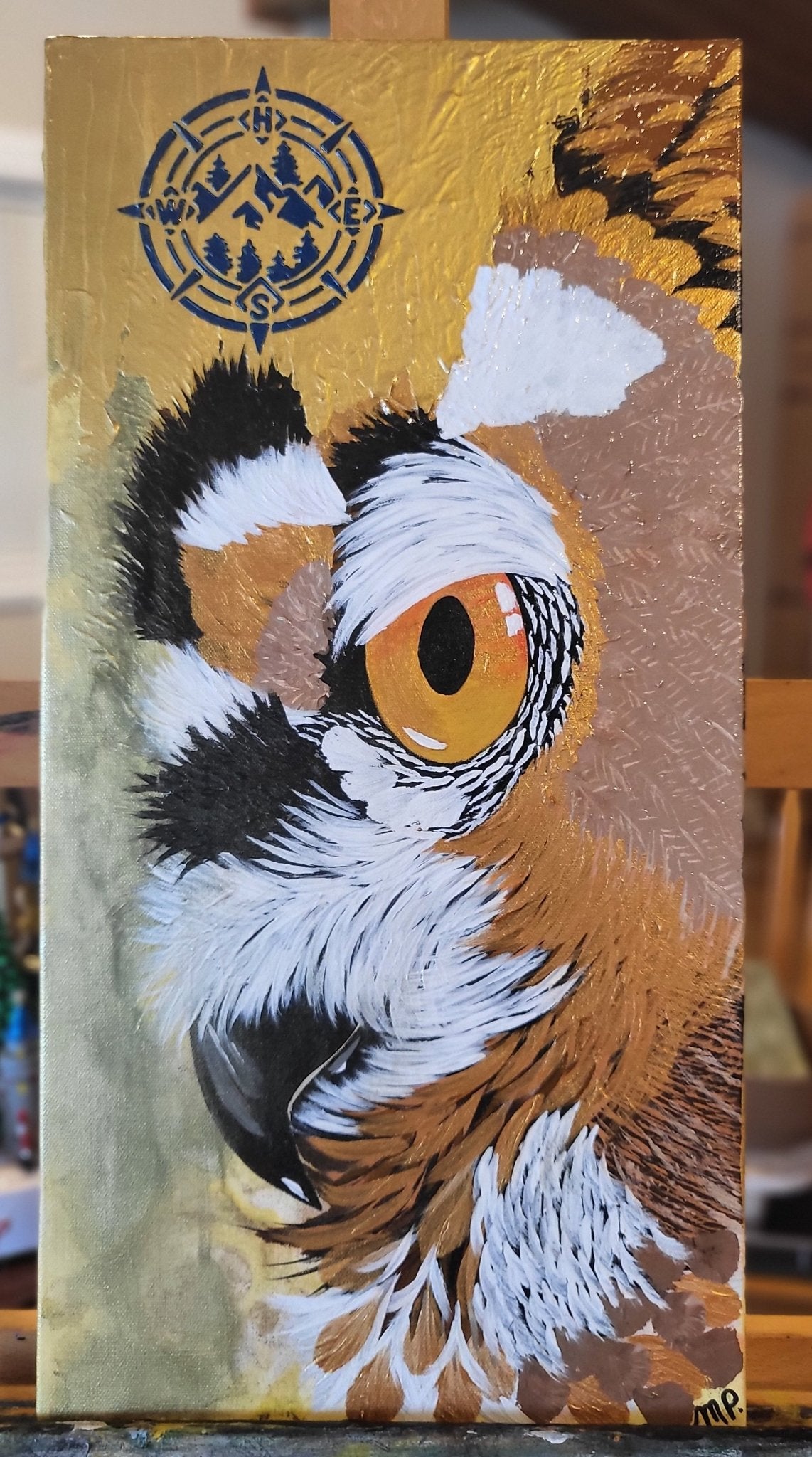 "Judge" Owl 12 x 24" Golden Owl Original, Gold Accents and Compass "Judge" - Michelle Pashko Art