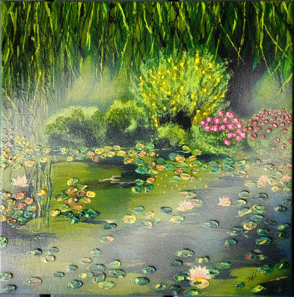 Peaceful Reflections - Original Acrylic Impasto Pond Landscape Artwork 12x12" - Michelle Pashko Art