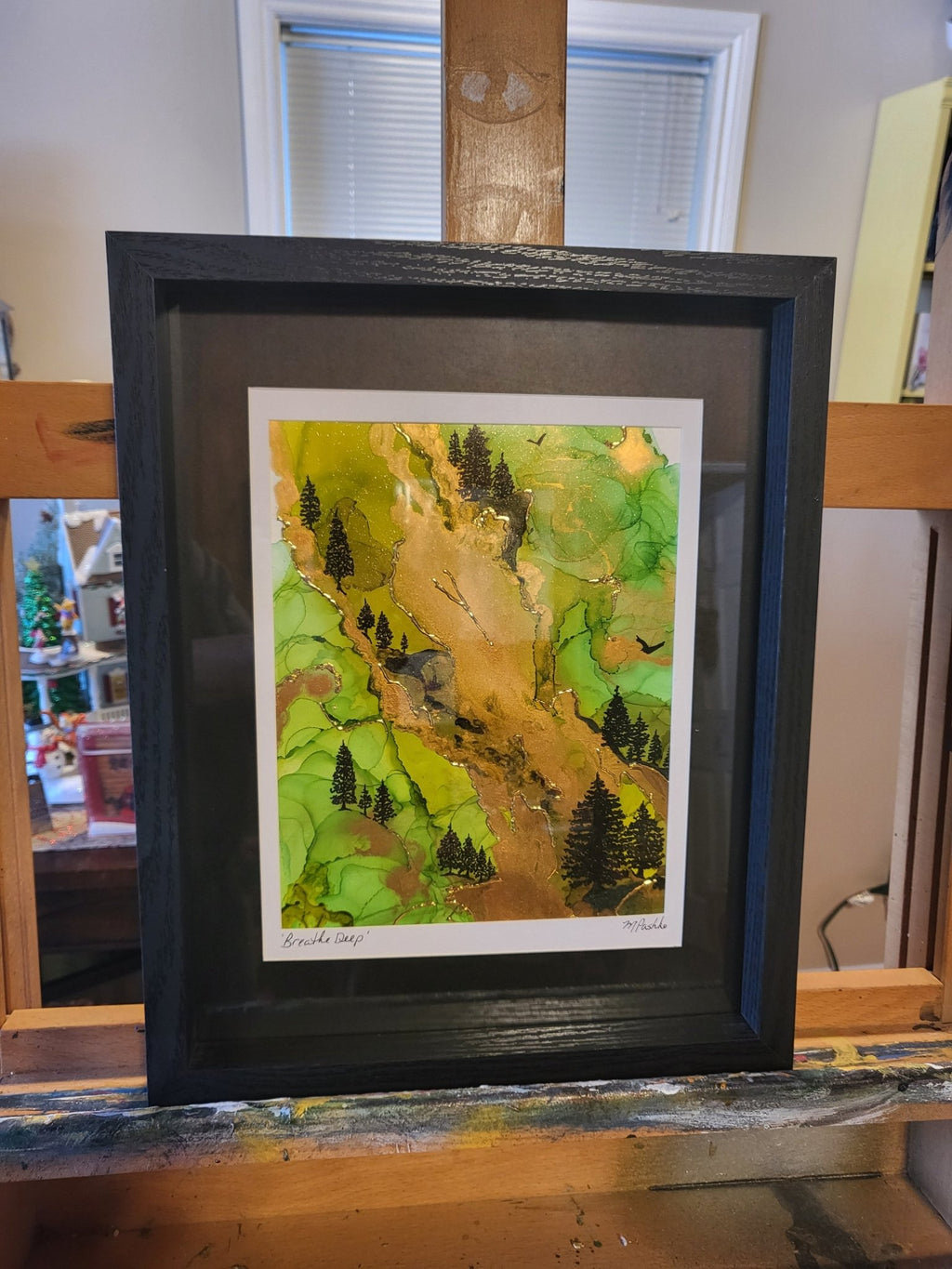 Breathe Deep - Original Acrylic, Gold Gilding, and Alcohol Ink Mountainside Painting 12x15" Framed - Michelle Pashko Art