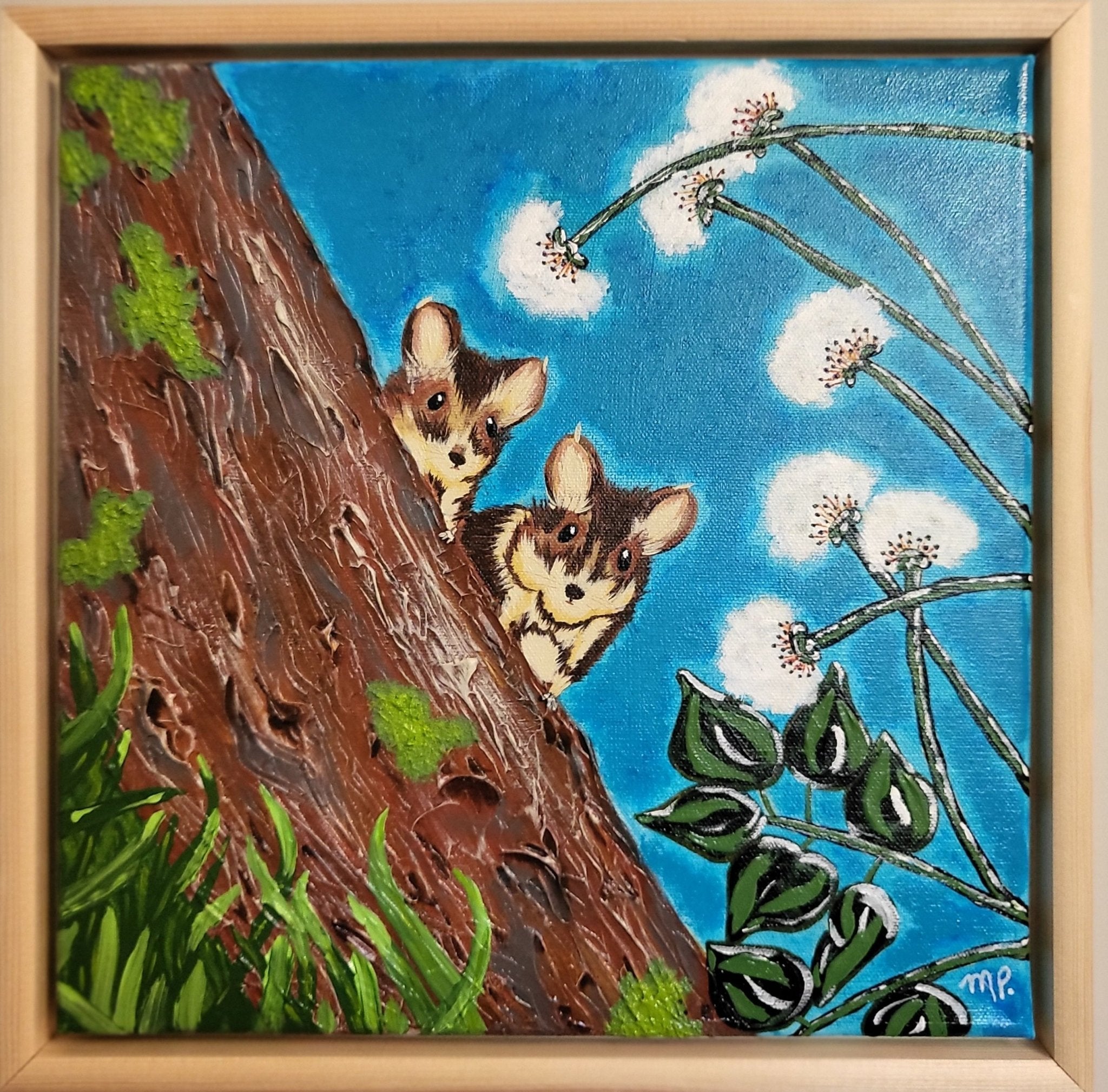 Shy Partners - Original Acrylic Chipmunks Impasto Painting 12x12" Framed - Michelle Pashko Art
