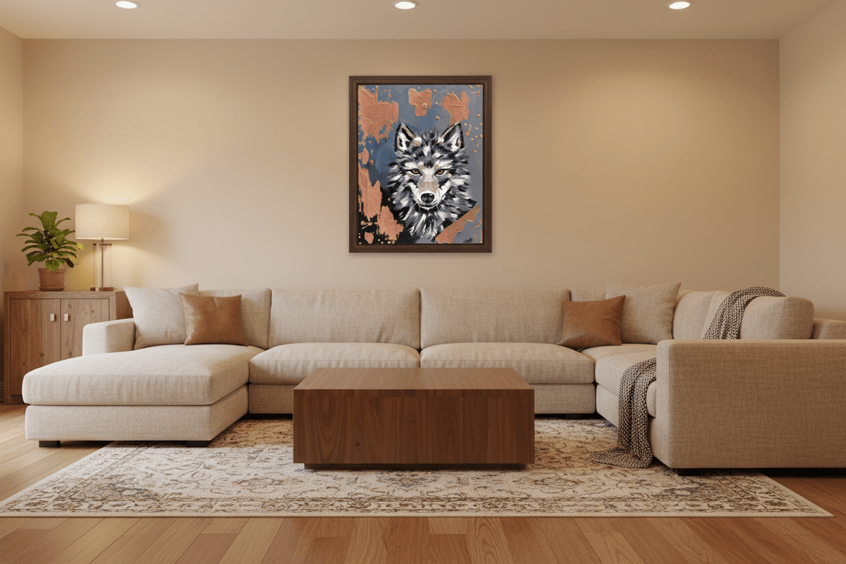 Silent Warning — Original Wolf Painting | 14×18" Acrylic with Copper Accents - Michelle Pashko Art